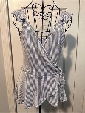 Blue and White Striped Wrap Peplum Tank Top